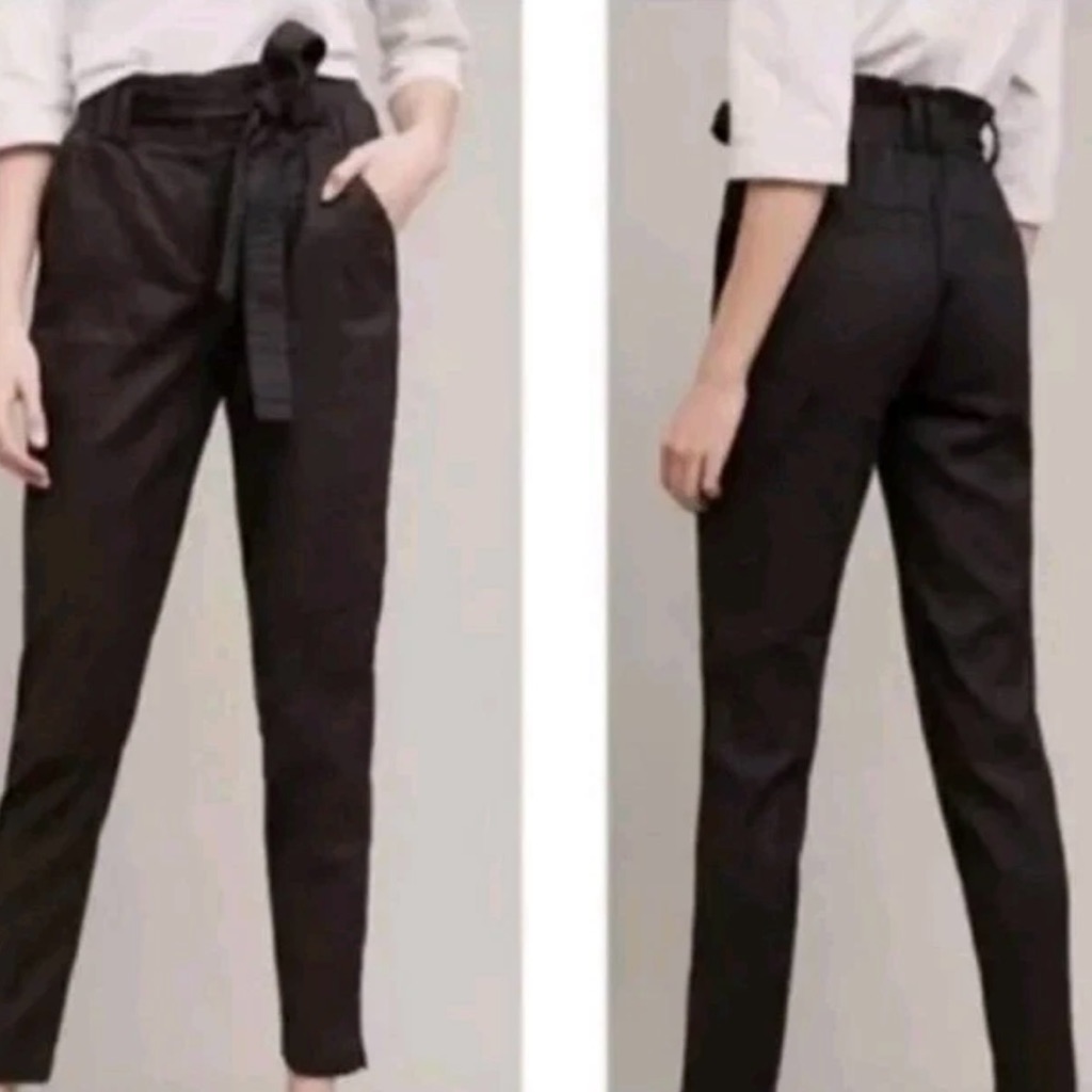 Anthropologie Elevenses Paperbag Waist Pants Womens Size S Black Tapered Linen
